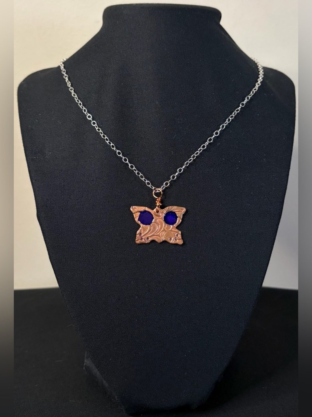 Copper Blue Enamel Butterfly Sterling Silver Artisan Crafted Necklace - Picture 3 of 8
